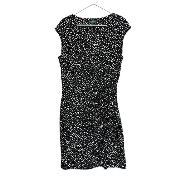Lauren Ralph Lauren Women Twisted Front Dress 16 Black Dot Stretch Career Classy - Picture 1 of 12